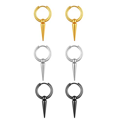 JewelryWe Schmuck 3 Paare Spike Dangle Creolen Edelstahl Ohrringe Ohrrhänger Ohrstecker mit Drop baumelnd Anhänger für Herren Damen Silber Gold Schwarz