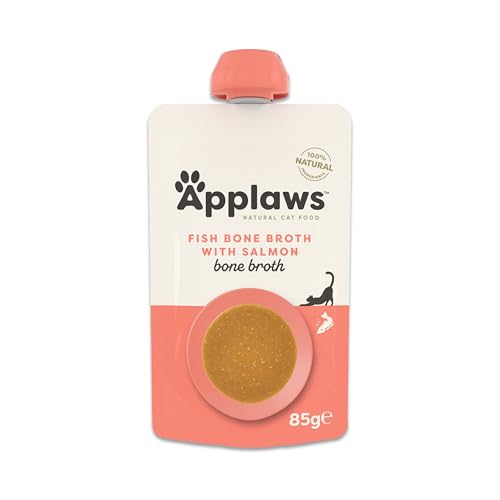 Applaws 100 % Natürliches Nassfutter für Katzen Fischknochenbrühe mit Lachs 12 x 85g Ausgießbeutel