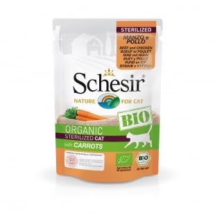 SCHESIR Bio Nassfutter für Katzen 16 Beutel x 85 g Buey und Huhn mit Karotten auf sterilisierten Patte