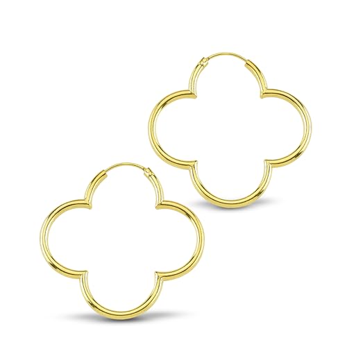 Cassini Damen Goldene Kleeblatt Creolen ca. 35mm - Hochglanzpolierte Kleeblatt-Ohrringe Große hypoallergene Creolen mit sicherem Klappverschluss Funkelnder Schmuck für Frauen 3CTZ2