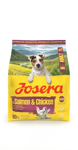 JOSERA Mini Adult Lachs Huhn 1 x 900 g Premium Trockenfutter für ausgewachsene Hunde Kleiner Rassen mit Biotin kleine Kroketten mit leckerem Soßenpulver auch nass zu verfüttern 1er Pack