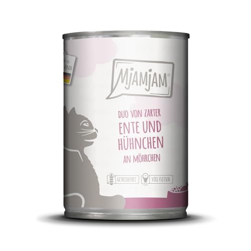 MjAMjAM - Premium Nassfutter für Katzen Duo aus zarter Ente und saftigem Huhn auf Karotten 1 Packung 1 x 400 g getreidefrei mit zusätzlichem Fleisch