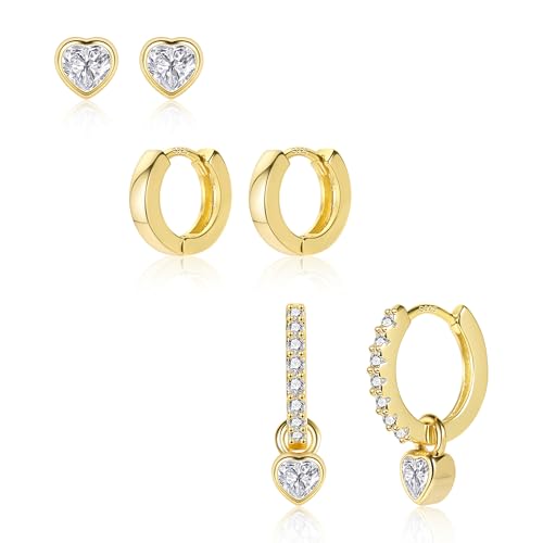 Gold Ohrringe Set Damen Herz Ohrstecker Hängende Creolen Hypoallergen Kleine Glitzer Zirkon Huggie Creolen für Mädchen