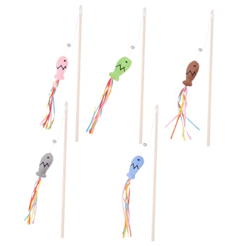 Gatuida 5 Stück Teiliges Interaktives Katzenspielzeug Holzstab mit Farbigem Fischanhänger und Bunten Bändern Teaser Angel für Katzen Training und Bewegung Fördert Neugier und Spieltrieb