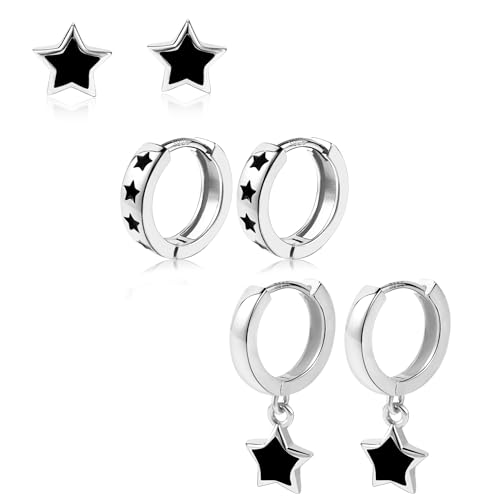 ALEXCRAFT Schwarz Stern Ohrringe Silber 925 Creolen Ohrstecker Set Klein Damen für Frauen Freundin Mama