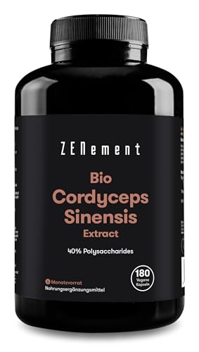 Bio Cordyceps Kapseln hochdosiert - 180 Kapseln 650mg mit 6500mg mg Pilz Extrakt 10 1 pro Tagesdosis - Cordyceps Sinensis mit 40% bioaktiven Polysacchariden - Laborgeprüft - Vegan - Zenement
