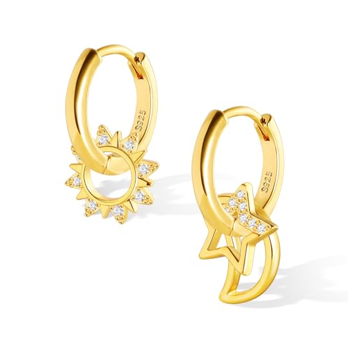 ALEXCRAFT Mond Sonne Stern Ohrringe Gold Hängend Creolen Klein Damen 14K Vergoldete Ohrringe Geschenk für Frauen Freundin Mama Mädchen