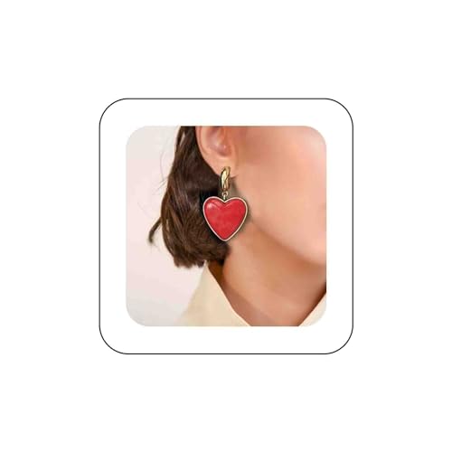 Dervivea Vintage Rotes Herz Huggie Ohrringe Große Herz Tropfen Ohrringe Emaille Herz Baumeln Creolen Liebe Herz Ohrringe Schmuck für Frauen und Mädchen