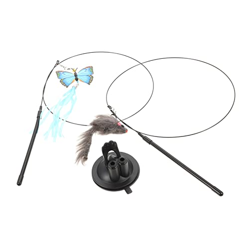ERINGOGO Doppelköpfiger Katzen Teaser Mit Saugnapf Interaktives Katzenspielzeug Mit Attraktionen Blaue Schmetterlinge Graue Handheld Für Haustiere