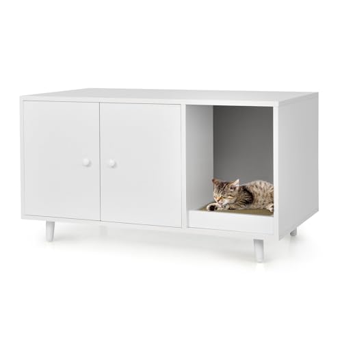LIFEZEAL 2 in1 Katzenschrank mit Kratzbrett Kaffeetisch mit Katzenhaus Katzenhaus mit 2 Türen und hochgezogenen Beine Katzenklo Katzentoilette Katzenhütte Braun Weiß