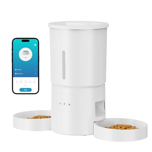 Futterautomat Katze 2 Näpfe mit APP 5L Automatischer Futterspender mit 2.4G WiFi Timer für Trockenfutter   AONBOY Doppelnapf Design für Mehrkatzenhaushalte Hunde   Weiß