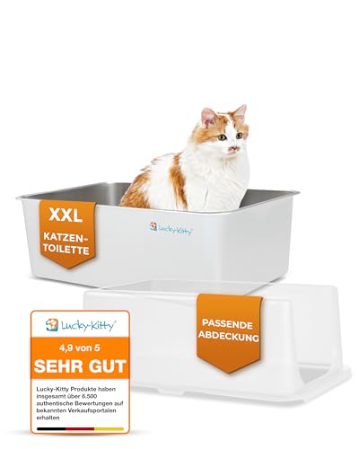 Lucky-Kitty Katzenklo Edelstahl 60x40x20 cm I Katzentoilette mit Deckel exklusiver Schließmechanismus I Katzenklo XXL absolut auslaufsicher I Katzenklo groß geruchsfrei Weiss