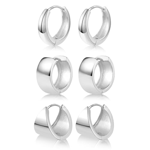 Silber Creolen Klobig Ohrringe Set Damen 3 Paar Multipack Silber 925 Creolen Kleine Knorpel Kreolen Huggie Creolen Oval Klobig Leicht Breit Chunky Ohrringe Mini Kleine Silber Creolen Damen Mädchen