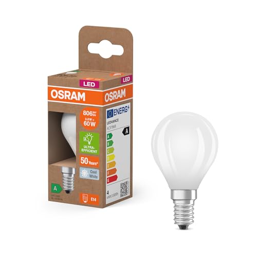 Osram Energy Class LED-Lampe in klassischer Miniballform 3.8 W 806 lm EEK A kaltweißes Licht 4000 K CRI 80 aus gefrostetem bleifreiem Glas E14 Sockel IP20 45 mm Durchmesser.