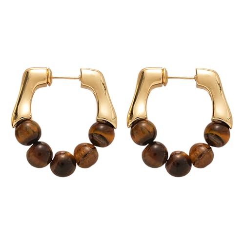 Flongo Tigerauge Creolen für Damen aus 925 Silber Chunky Hoops mit Naturstein Perlen Boho Vintage Schmuck Hypoallergen und Hautfreundlich Geschenkidee für Frauen zum Geburtstag