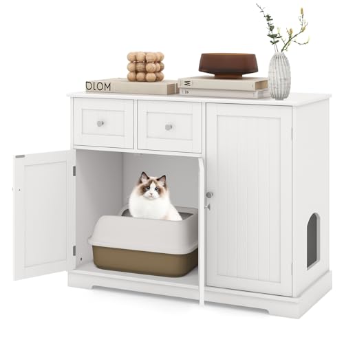 COSTWAY Katzenschrank für Katzentoilette Katzenklo Schrank mit 2 Schubladen 3 Türen Eingang Katzenhaus Katzenkommode Beistelltisch Katzenmöbel für Innenbereich modern 100x45x80cm Weiß