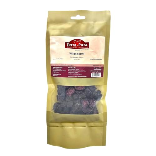 Terra-PURA Hunde Katzenfutter Wildsalami in Scheiben 100g Premium Hundefutter aus reinem Wildfleisch leicht gesalzen schonend luftgetrocknet Trockenfutter für Hunde Katzen