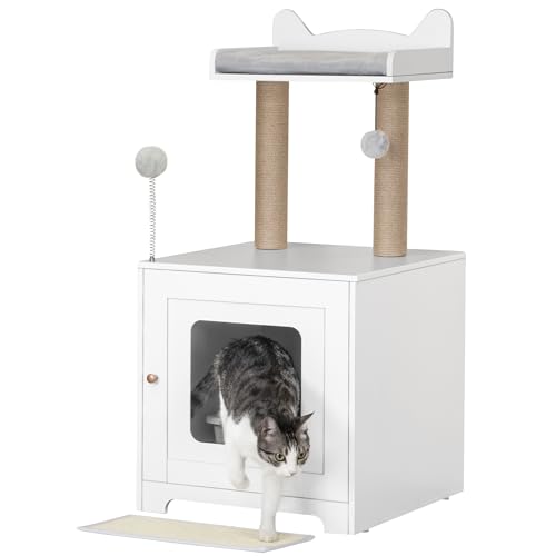 Hzuaneri Katzenschrank Katzentoilette Katzenklo Schrank Katzenhaus mit Kratzbaum Modernes 2-in-1 Katzenwohnung für Wohnungskatzen mit Sisal-Kratzmatte Pfosten Waschbare Kissen Weiß CB81103X