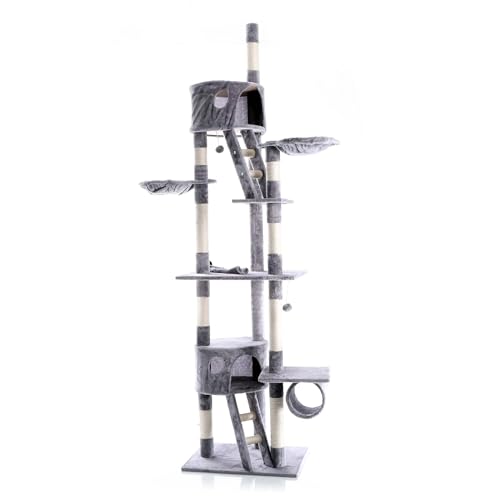Wiltec Kratzbaum 240-260 cm grau Katzenkratzbaum deckenhoch mit Sisal Kletterbaum für Katzen Deckenspanner Katzenbaum mit Hängematten