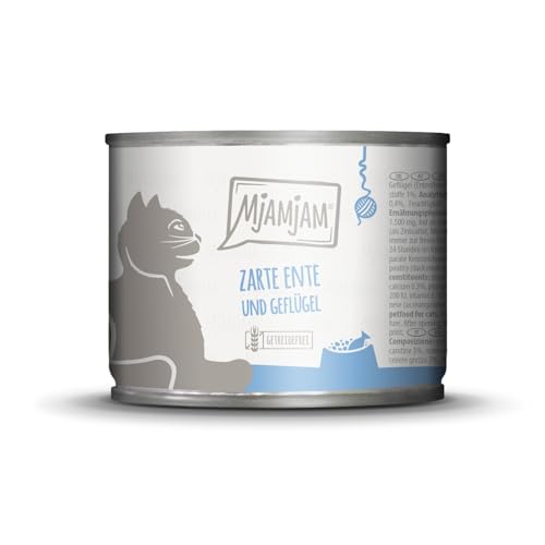 MjAMjAM - Premium Nassfutter für Katzen - zarte Ente Geflügel an leckeren Möhrchen 1er Pack 1 x 200 g getreidefrei mit extra viel Fleisch