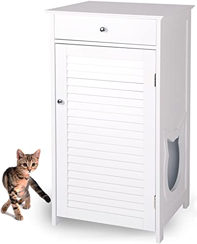 WONDERMAKE Katzenschrank für Katzentoilette groß hoch aus Holz Katzenklo-Schrank Kommode mit Schublade und Tür geschlossen Design Katzen-Haus Toilette Klo XL 51 x 46 x 96 cm weiß