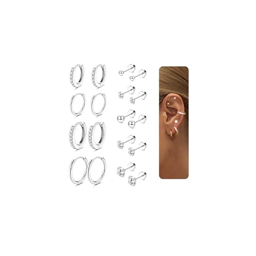 LOLIAS 9 Paar Edelstahl Damen Titan Set Silber Ohrstecker Chirurgenstahl Medizinische Ohrstecker Gesundheitsstecker Silber 925 Piercing Ohr Helix Piercings