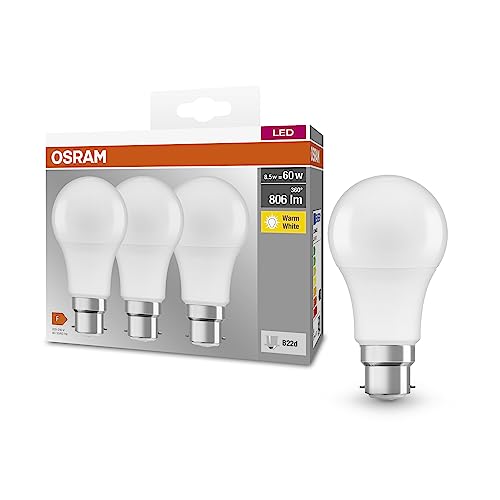 OSRAM BASE CLASSIC A 60 FR LED-Lampe mit Sockel B22d Kolbenform 3er Pack 8 5W 806lm 2700K warmweißes Licht geringere Wärmeentwicklung sehr geringer Energieverbrauch lange Lebensdauer