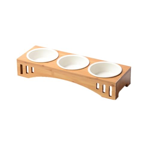 INOOMP Massivholz Haustier Esstisch mit Geneigten Keramiknäpfen rutschfest Dreifach Erhöhtes Futternapf Satz für Hunde und Katzen Ergonomisch für Arthritis und Gesunde Fresshaltung