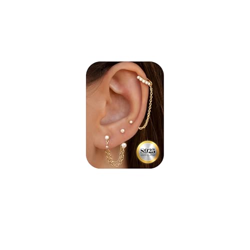 4Paare Kleine Ohrringe Sterling Silber für Damen Set Hypoallergen 14K Gold Ohrstecker Creolen Perle CZ Piercing Ohr Ohrring Mit Kette Ohrstecker Ohrringe 925 Gold Helix Perle