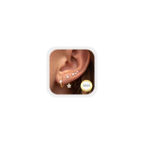 JeweBella 3 Paar für Hypoallergen 14K Kleine Ohrstecker Stapelbar FlatBack Ohrstecker Knorpel für Mehrere Piercings