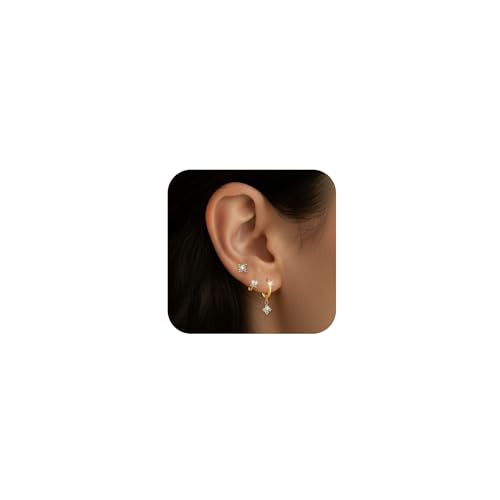 Ohrring Set für Mehrere Piercings Gold 3 Paar Stapelbare Ohrringes mit Zirkonia Hypoallergene Ohrringe Damen Creolen Ohrringe Set mit Vierblättrigem Kleeblatt-Motiv als Geschenk für Weiblich