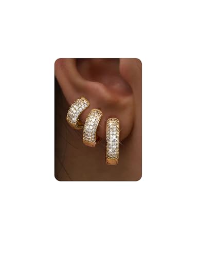 MILACOLATO 3 Chunky für 925 Set Hypoallergene 14K Vergoldete Perle CZ Kleine Huggie Ohrring Set für Mehrere Piercings Geschenke A