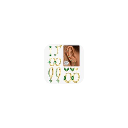 JeweBella 5 Paar Ohrringe Silber 925 für Damen Hänger Creolen mit Zirkonia - Ohrstecker Creolen Hängend - 14 Karat Vergoldet - Hypoallergen - Ideal als Geschenk
