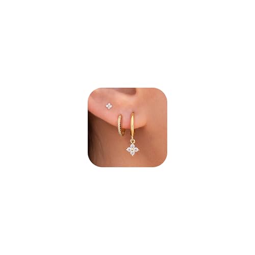 KINHOPI Ohrringe Gold 14K Vergoldet Creolen Klein Anhänger Mädchen Kleeblatt Wasserfest Goldene Ohrringe Damen Zirkonia Set für Mehrere Piercings Schmuck Geschenke 3 Paar
