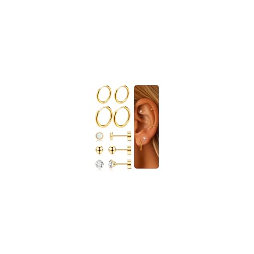 Dochais 5 Paar Ohrringe Gold Set für Damen Titan Ohrringe Stecker Creolen Set Hypoallergene Zirkonia Opal Ball Ohrstecker Knorpel Helix Couch Piercing Ohr für Mädchen Frauen 10mm 12mm