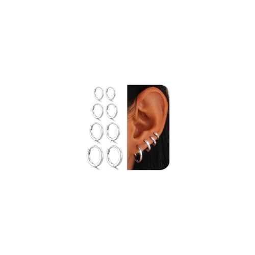 JUANKIKI 4 Paar Kleine Creolen Silber 925 Für Damen 925 Sterling Silber Mini Creolen Ohrringe Set Für Mehrere Piercings 6 8 10 12MM