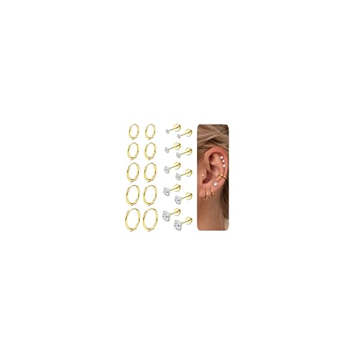 Diamday 10 Paar 20G Ohrstecker Ohrringe Set für Damen Herren Edelstahl Knorpel Creolen Ohrringe Zirkonia Klein Ohrstecker Set Helix Hypoallergen für Mehrfachpiercing Gold