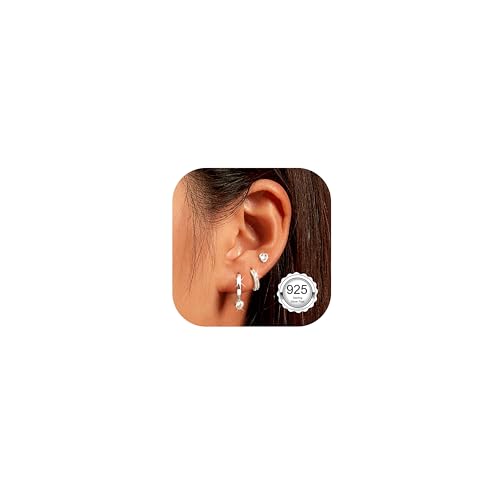 LOLIAS 3 Paar Ohrringe Silber 925 Set für Damen Kleine Creolen Silber 925 Stapelbar Helix Piercings Ohr Herz Zirkon Creolen Ohrringe Set für Mehrere Piercings