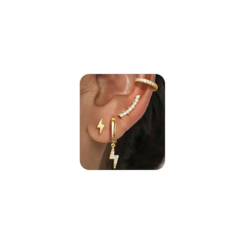 Ohrringe Gold Silber Chirurgenstahl Ohrringe Set Hypoallergene Ohrstecker Perle Zirkonia Sonne Blumen Tragus Helix Conch Piercings Creolen Ohrstecker Edelstahl Damen für Mehrere Piercings Gold Blitz