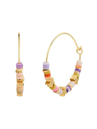 Yokoamii Damen Creolen aus Messing gelbvergoldet 14 Karat mit Heishi Perlen lila gelb pink rot