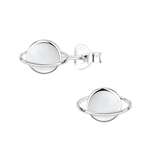 Monkimau - Saturn Ohrringe Ohrstecker Ohrschmuck - aus 925 Sterling Silber - für Damen und Mädchen - handgefertigt hypoallergen und kleine Geschenkidee