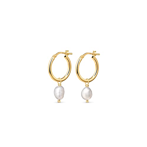 Amberta Frauen 925 Sterling Silber Süßwasser Perlen Ohrringe Creolen mit 12 mm Perlen - Vergoldet