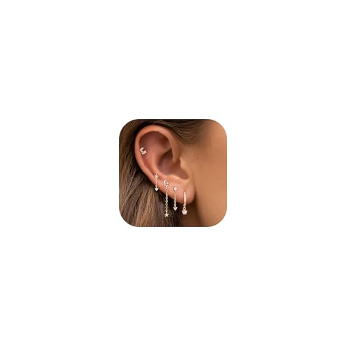 JeweBell 4 5 6 Pcs Ohrringe Gold Set für Damen 14 Karat Vergoldet 925 Sterling Silber Einzelne Ohrstecker Creolen Set für Mehrere Piercing Herz Stern Mond Kleine Creolen Ohrringe Hängend Stapelbar