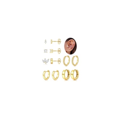 ADRAMATA 6 Paar Ohrringe Silber 925 Set für Damen 14K Vergoldet Creolen Ohrstecker Gold Piercing Ohr Helix Knorpel Hypoallergene Ohrstecker Huggie Ohrringe für Mehrere Piercings