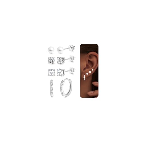 Adramata 4 Paare Ohrringe Silber 925 Damen 16K Vergoldete Ohrringe Set CZ Perlen Ohrstecker Silber 925 Hypoallergene Klein Ohrringe Creolen Silber Gold Ohrringe für Damen Herren