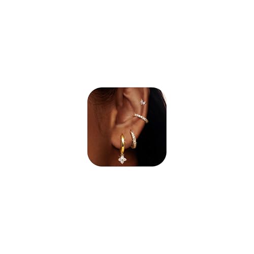 JeweBella 4 Paar Ohrringe Gold Set für Damen Hypoallergen 14K Vergoldet Piercing Ohr Medizinische Ohrstecker Creolen Ohrringe mit Anhänger Knorpel Ohrringe Set für Mehrere Ohrlöcher Silber Gold
