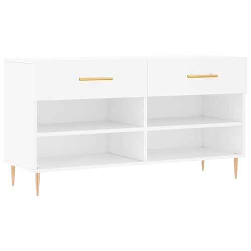vidaXL Schuhbank Schuhregal mit 2 Schladen 4 Fächern Schuhschrank mit viel Stauraum Sitzbank Flur Schrank Schuhablage Modern Weiß Holzwerkstoff
