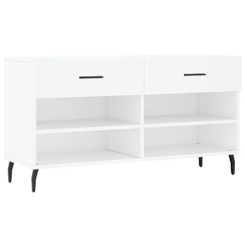 vidaXL Schuhbank Schuhregal mit 2 Schladen 4 Fächern Schuhschrank mit viel Stauraum Sitzbank Flur Schrank Schuhablage Modern Weiß Holzwerkstoff
