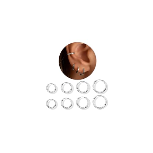 ORAZIO 4 Paar Creolen Edelstahl Klein für Damen Herren Ohrringe Creolen Chirurgenstahl Ohrringe Silber Hypoallergen Medizinische Creolen Huggie Ohrringe Daith Helix Piercing Schmuck 6 8 10 12MM