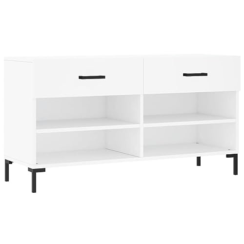 vidaXL Schuhbank Schuhregal mit 2 Schladen 4 Fächern Schuhschrank mit viel Stauraum Sitzbank Flur Schrank Schuhablage Modern Weiß Holzwerkstoff